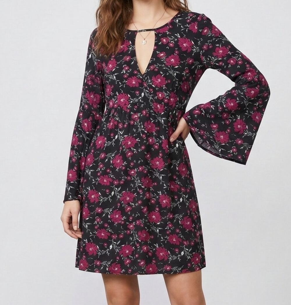 American Eagle Outfitters S Long Sleeve Keyhole Floral Dress Black Pink Floral